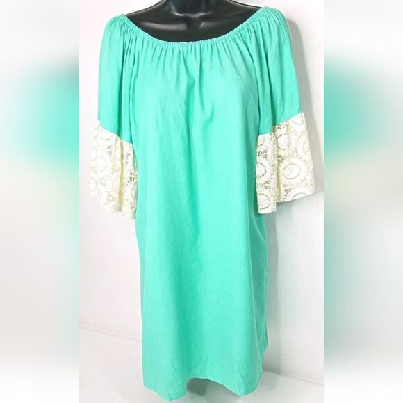 Umgee Dress Mint Green Lace Ruffle Sleeve off shoulder S - Picture 1 of 3